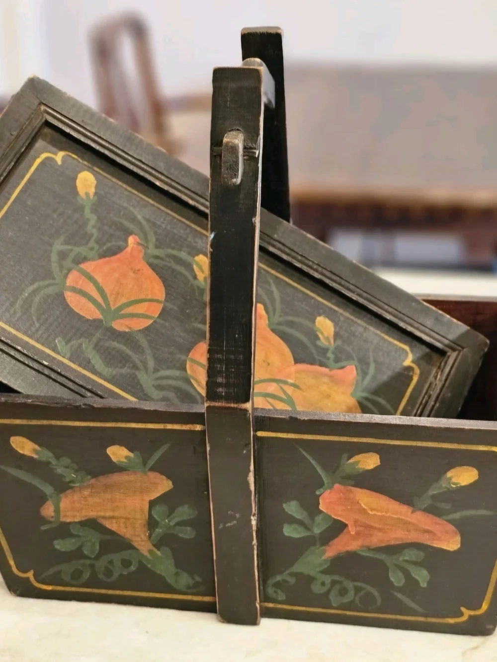 Antique Chinese Wooden Wedding Box/ Rice Basket Hand Painted 19th Cent.